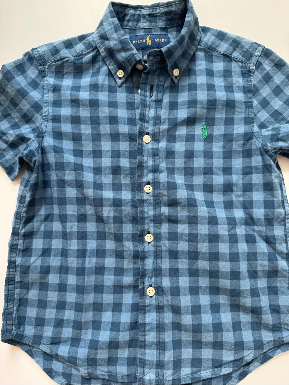 Ralph Lauren Boys Blue Gingham Short Sleeve Button Down Shirt Size 4
